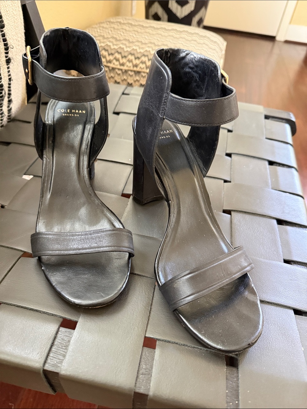 Cole Haan Black Leather Ankle-Strap Block Heels